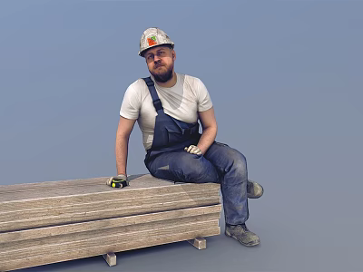 Man in Hard Hat and Overalls Sitting on Wooden Planks with Tape Measure 3d model