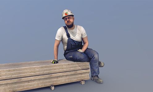 Modern man sitting with helmeted workers 3d model