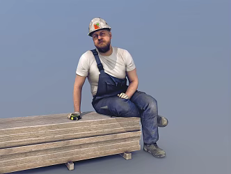 Modern man sitting with helmeted workers 3d model