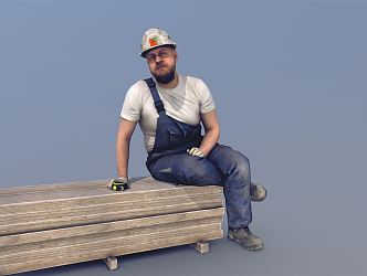 Modern man sitting with helmeted workers 3d model