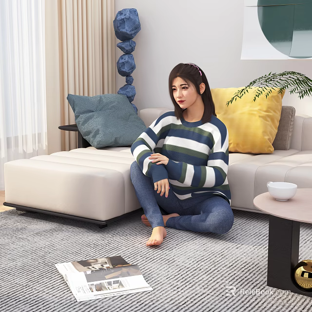 Woman Sitting on Carpet in Striped Sweater and Blue Pants Near Sofa with Pillows 3d model 