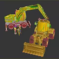 Yellow Construction Excavator Loader Vehicles With Worker Figures And Tripod