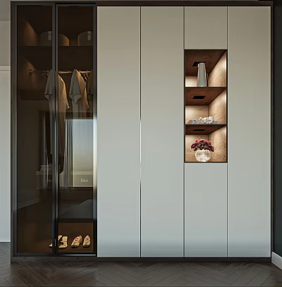 Elegant Modern Wardrobe Interior With Glass Door Hanging Space And Open Shelves 3d model