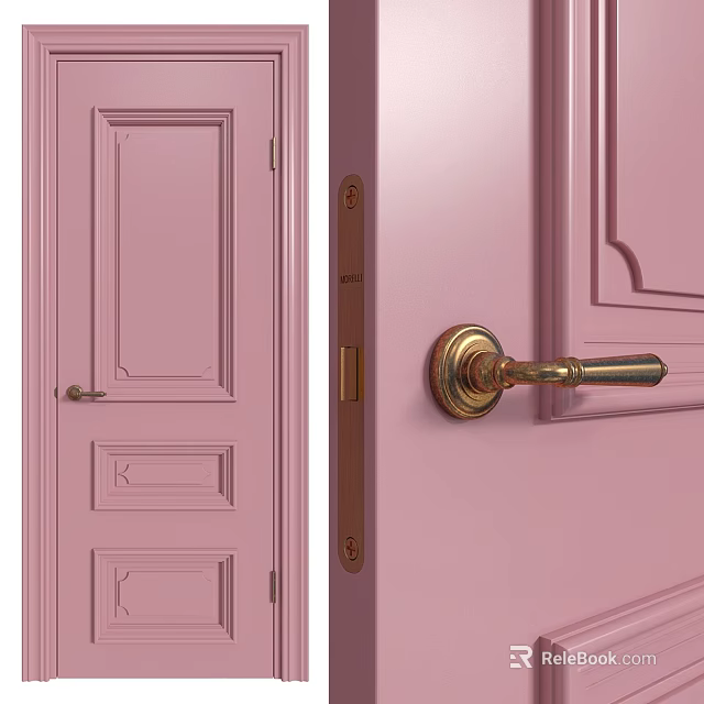 Pink Wooden Door Interior Design With Gold Handle And Classic Panels 3d model 