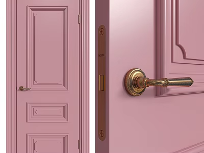Pink Wooden Door Interior Design With Gold Handle And Classic Panels 3d model