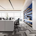 Modern Public Office Space with Open Workstations Computers Chairs Blue Bookshelves Large Windows Patterned Carpet 3d model