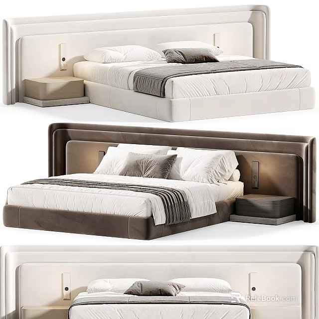 Modern Double Bed With Upholstered Headboard Gray White Nightstand Pillows And Soft Blanket 3d model 
