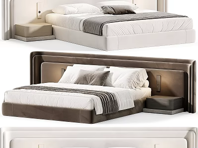Modern Double Bed With Upholstered Headboard Gray White Nightstand Pillows And Soft Blanket 3d model