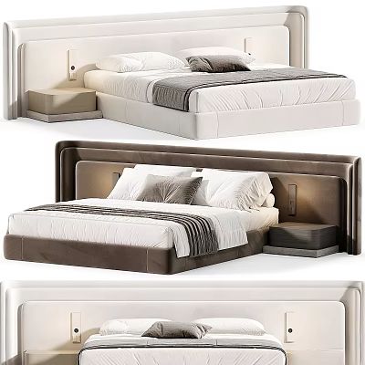 Modern Double Bed With Upholstered Headboard Gray White Nightstand Pillows And Soft Blanket 3d model