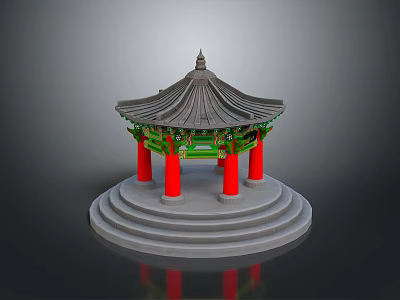 Traditional Pavilion Architecture With Multi Tiered Roof Red Pillars Green Decorations And Circular Stepped Base 3d model