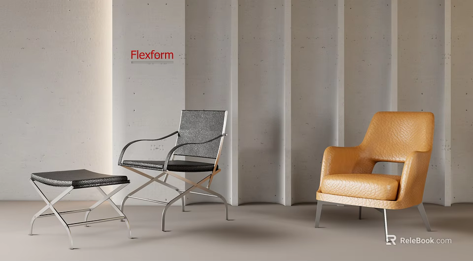 Modern Leisure Chairs With Gray And Orange Upholstery And Black Footstool In Contemporary Interior 3d model 