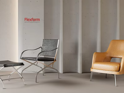 Modern Leisure Chairs With Gray And Orange Upholstery And Black Footstool In Contemporary Interior 3d model