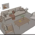 Modern Cozy Living Room Sofa Coffee Table Set With Wooden Accent Chairs And Plants