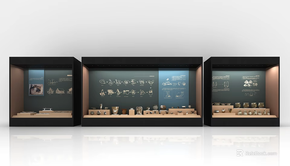 Museum Glass Display Cases With Historical Artifacts And Illustrative Designs 3d model 