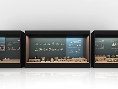 Museum Glass Display Cases With Historical Artifacts And Illustrative Designs 3d model