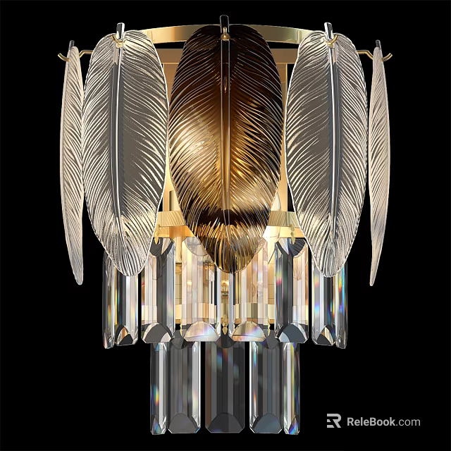 Elegant Feather Shaped Gold Chandelier With Crystal Pendants And Glass Details 3d model 