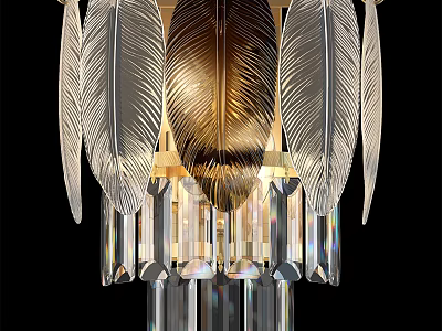 Elegant Feather Shaped Gold Chandelier With Crystal Pendants And Glass Details 3d model