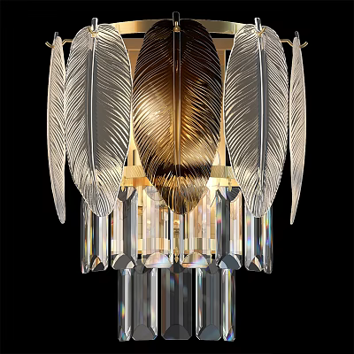 Elegant Feather Shaped Gold Chandelier With Crystal Pendants And Glass Details 3d model