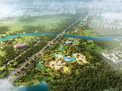 Lush Urban Park Landscape With Winding River Greenery Lakes And Surrounding Urban Buildings 3d model