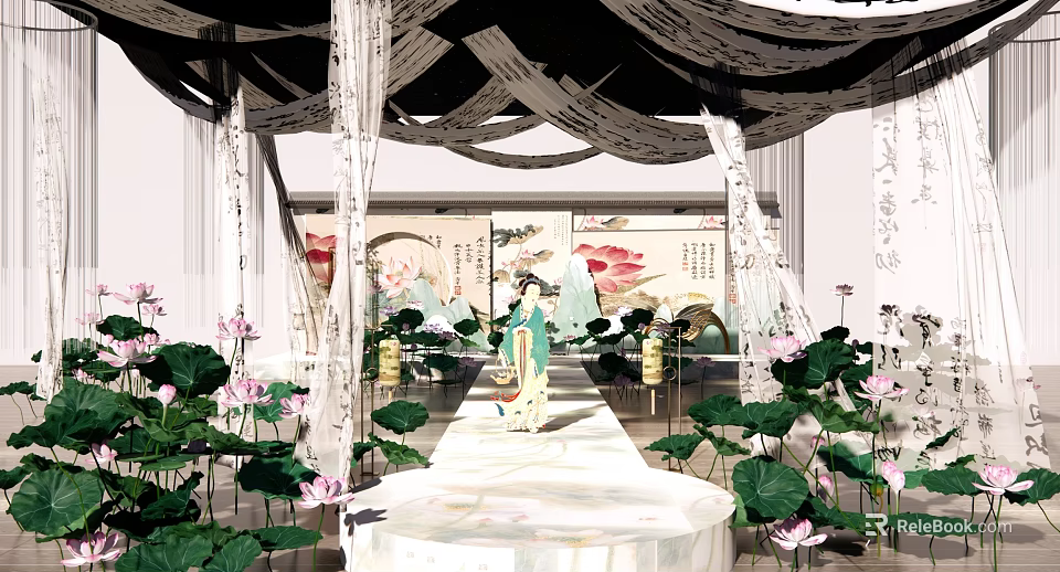 Floral Installation With Lotus Flowers Green Leaves And Traditional Figure In Chinese Garden 3d model 