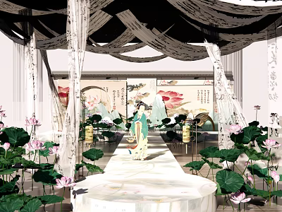 Floral Installation With Lotus Flowers Green Leaves And Traditional Figure In Chinese Garden 3d model