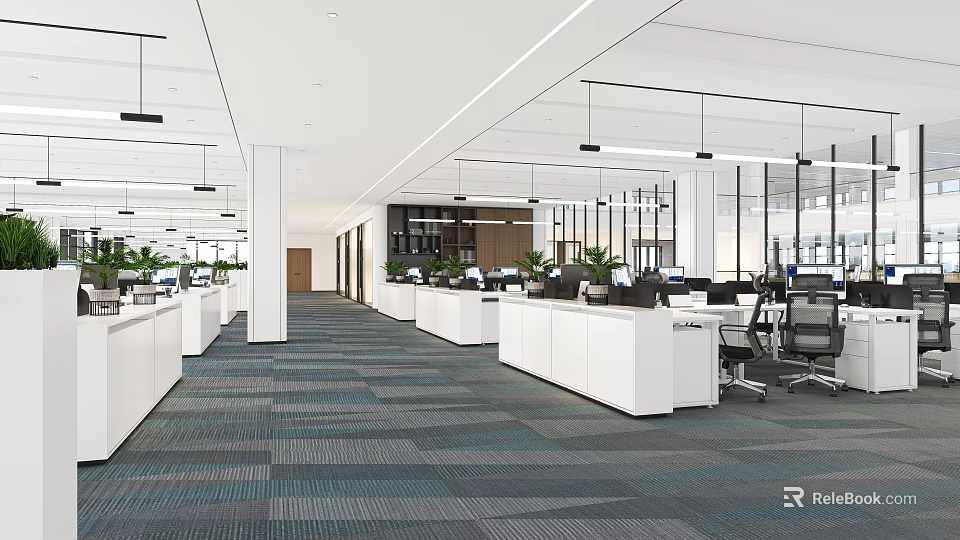 Spacious Modern Public Office Space With White Workstations Computers Ergonomic Chairs And Green Plants 3d model 