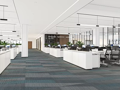 Spacious Modern Public Office Space With White Workstations Computers Ergonomic Chairs And Green Plants 3d model