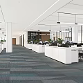 Spacious Modern Public Office Space With White Workstations Computers Ergonomic Chairs And Green Plants