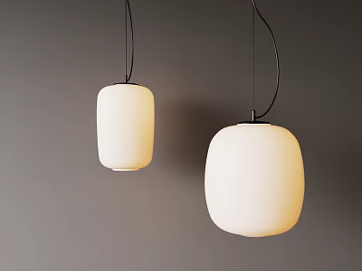 Modern Pendant Lights With Two White Shades And Black Cords On Gray Wall 3d model