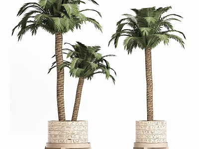 Three Decorative Palm Potted Plants In Textured Stone Planters 3d model