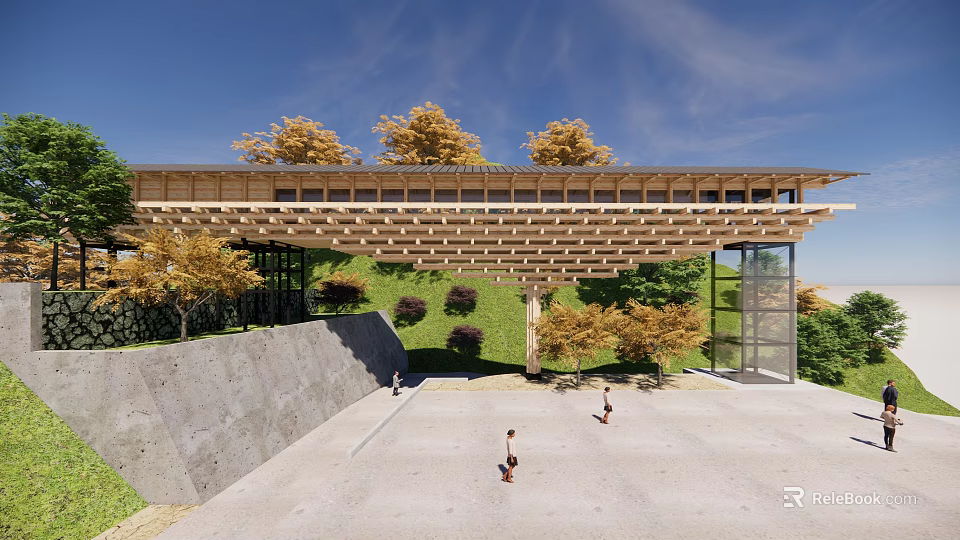 Modern Museum Building With Wooden Structured Roof Grassland Stone Wall And Glass Entrance 3d model 