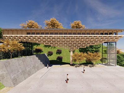 Modern Museum Building With Wooden Structured Roof Grassland Stone Wall And Glass Entrance 3d model