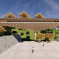 Modern Museum Building With Wooden Structured Roof Grassland Stone Wall And Glass Entrance