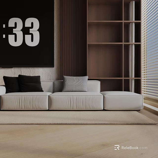 Light Colored Three Seater Sofa With Black And Checkered Pillows In Modern Living Space 3d model 