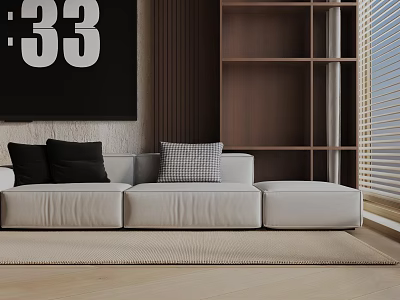 Light Colored Three Seater Sofa With Black And Checkered Pillows In Modern Living Space 3d model