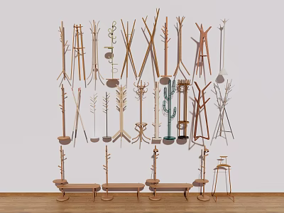 Various Wooden Metal Clothes Hangers With Plant Geometric Shapes On White Wall And Bench 3d model