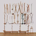 Various Wooden Metal Clothes Hangers With Plant Geometric Shapes On White Wall And Bench