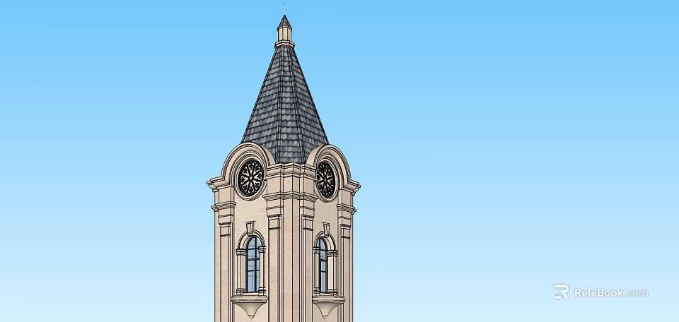 Classic Tower Featuring Gray Roof Spire Double Clocks Arched Windows Beige Exterior And Blue Sky 3d model 