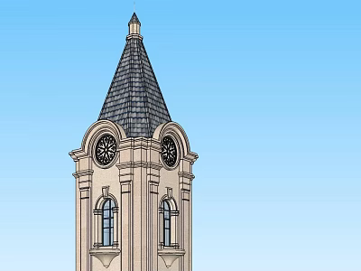 Classic Tower Featuring Gray Roof Spire Double Clocks Arched Windows Beige Exterior And Blue Sky 3d model