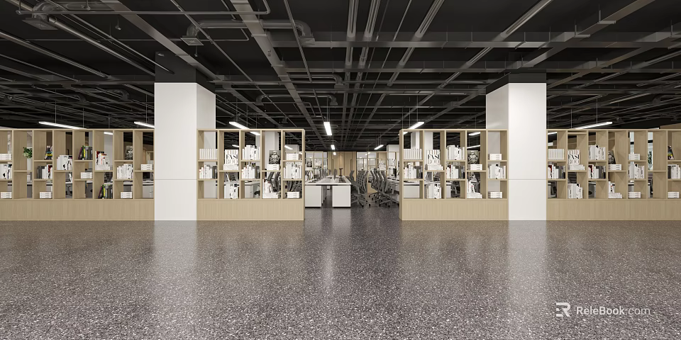 Modern Public Office Space With Open Layout Shelving Units And Work Desks 3d model 