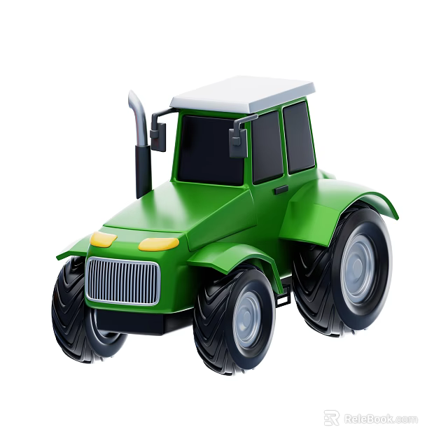 Green Functional Tractor with Large Tires Yellow Headlights and White Roof 3d model