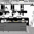 Modern Commercial Kitchen Interior With Stainless Steel Workbench Hanging Utensils And White Tiled Walls