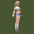 Anime Female Character With Blonde Twin Tails White T Shirt 02 Ripped Blue Denim Shorts