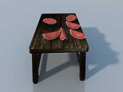 Wooden Stool With Fresh Watermelon Slices On Rustic Surface For Home Use 3d model