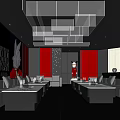 Modern KTV Interior With Red Decor Black Sofas Marble Tabletops Angel Murals And Red Partitions