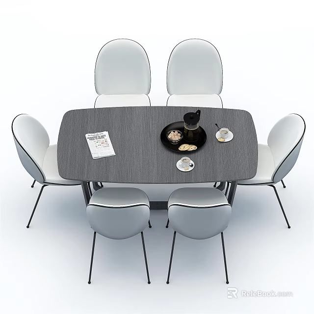 Modern Oval Dining Table Set With White Chairs Black Legs Magazine And Vase 3d model 