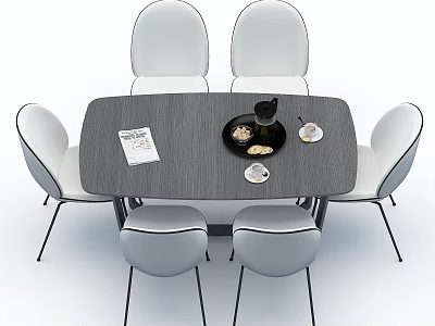 Modern Oval Dining Table Set With White Chairs Black Legs Magazine And Vase 3d model