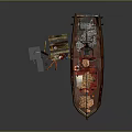 Rusty Old Fishing Boat Moored At Small Dock With Mast And Gear
