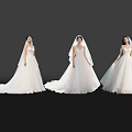 Three Women In White Wedding Dresses Standing Against Black Background With Floor Reflections