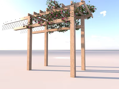 Wooden Garden Pergola With Latticed Top Climbing Vines And Pink Flowers 3d model